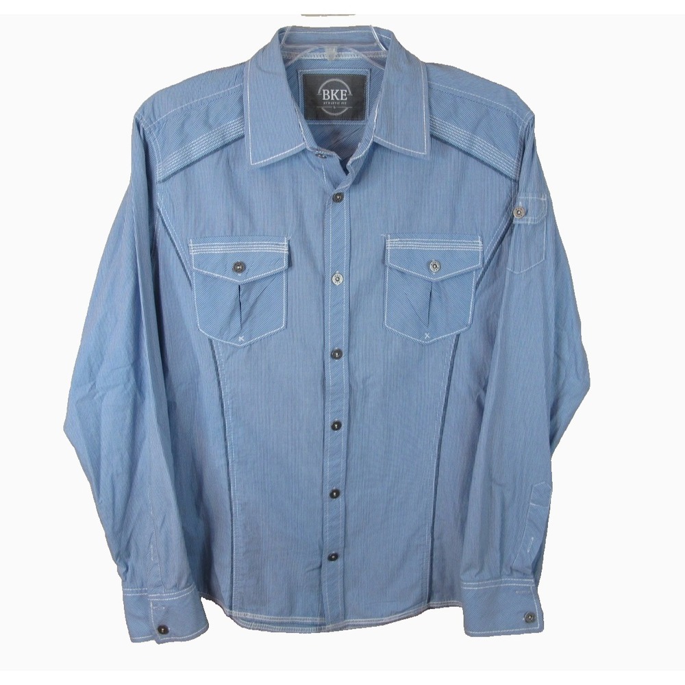 BKE Buckle Athletic Fit Long Sleeve Button Up Shirt Men's L Metal Buttons Blue